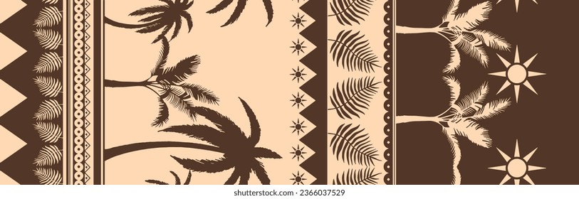 Abstract Hand Drawing 150 cm Two Colors Tropical Bohemian Palm Trees Leaves and Borders Seamless Vector Pattern Isolated Background