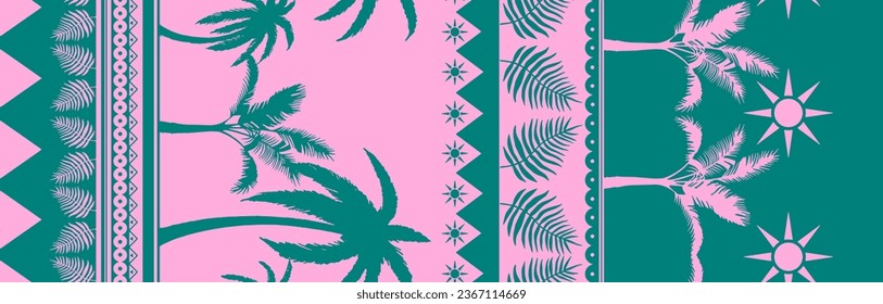 Abstract Hand Drawing 150 cm Two Colors Tropical Bohemian Palm Trees Leaves and Borders Seamless Vector Pattern Isolated Background