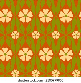 Abstract Hand Drawing 70s Geometric Retro Tile Flowers and Leaves Seamless Vector Pattern Isolated Background 