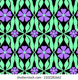 Abstract Hand Drawing 70s Geometric Retro Tile Flowers and Leaves Seamless Vector Pattern Isolated Background 