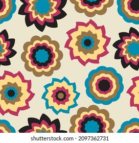 Abstract Hand Drawing 70s Retro Mandala Flowers Seamless Vector Pattern Isolated Background 