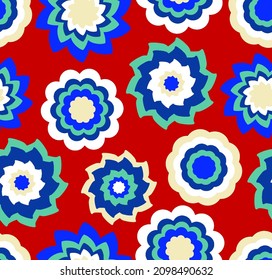 Abstract Hand Drawing 70s Retro Mandala Flowers Seamless Vector Pattern Isolated Background 