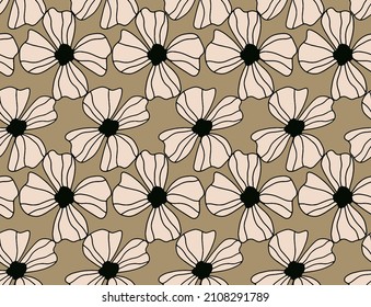 Abstract Hand Drawing 70s Retro Striped Peony Poppy Flowers Seamless Vector Pattern Isolated Background