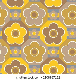 Abstract Hand Drawing 70s Retro Tile Daisy Flowers and Squares Geometric Seamless Vector Pattern Isolated Background