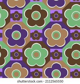 Resumen Dibujo a mano 70s Flores de margarita retro y cuadradas Patrón vectorial geométrico sin soldadura Fondo aislado