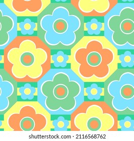 Abstract Hand Drawing 70s Retro Tile Daisy Flowers and Squares Geometric Seamless Vector Pattern Isolated Background