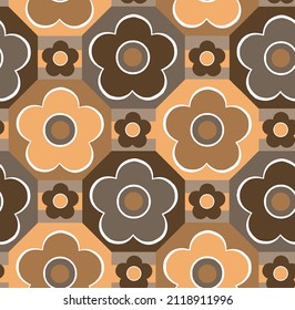 Abstract Hand Drawing 70s Retro Tile Daisy Flowers and Squares Geometric Seamless Vector Pattern Isolated Background