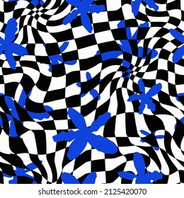 Abstracto Dibujo a mano 70s Flores retro con fondo geométrico óptico controlado Patrón de vectores sin soldadura 