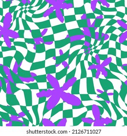 Abstract Hand Drawing 70s Retro Flowers with Optical Checkered Geometric Background Seamless Vector Pattern 