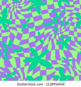 Abstract Hand Drawing 70s Retro Flowers with Optical Checkered Geometric Background Seamless Vector Pattern 
