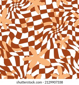 Abstract Hand Drawing 70s Retro Flowers with Optical Checkered Geometric Background Seamless Vector Pattern 