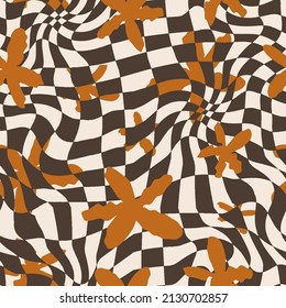 Abstract Hand Drawing 70s Retro Flowers with Optical Checkered Geometric Background Seamless Vector Pattern 