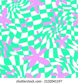 Abstract Hand Drawing 70s Retro Flowers with Optical Checkered Geometric Background Seamless Vector Pattern 