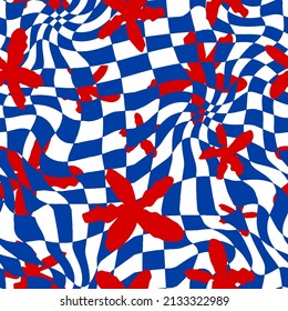 Abstract Hand Drawing 70s Retro Flowers with Optical Checkered Geometric Background Seamless Vector Pattern 