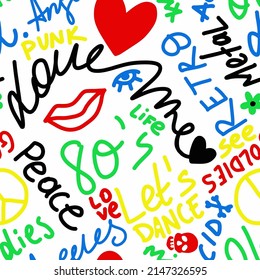 Abstract Hand Drawing 80s Concept Retro Graffiti Slogans Shapes Seamless Vector Pattern Isolated Background