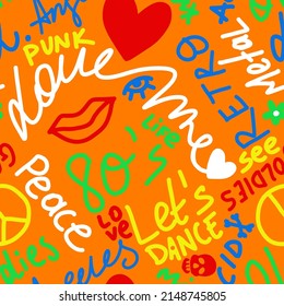 Abstract Hand Drawing 80s Concept Retro Graffiti Slogans Shapes Seamless Vector Pattern Isolated Background