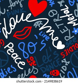 Abstract Hand Drawing 80s Concept Retro Graffiti Slogans Shapes Seamless Vector Pattern Isolated Background