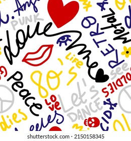 Abstract Hand Drawing 80s Concept Retro Graffiti Slogans Shapes Seamless Vector Pattern Isolated Background