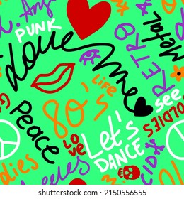 Abstract Hand Drawing 80s Concept Retro Graffiti Slogans Shapes Seamless Vector Pattern Isolated Background