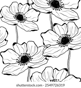 Abstract Hand Drawing Anemone Poppy Flowers Sketch Seamless Vector Textile Upholstery Pattern Isolated Background