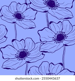 Abstract Hand Drawing Anemone Poppy Flowers Sketch Seamless Vector Textile Upholstery Pattern Isolated Background