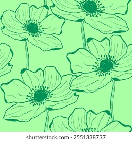 Abstract Hand Drawing Anemone Poppy Flowers Sketch Seamless Vector Textile Upholstery Pattern Isolated Background