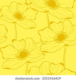 Abstract Hand Drawing Anemone Poppy Flowers Sketch Seamless Vector Textile Upholstery Pattern Isolated Background