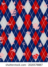 Abstract Hand Drawing Argyle Rhombus Diamond Shapes with Ditsy Flowers and Leaves Seamless Pattern Isolated Background