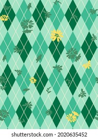 Abstract Hand Drawing Argyle Rhombus Diamond Shapes with Ditsy Flowers and Leaves Seamless Pattern Isolated Background