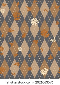 Abstract Hand Drawing Argyle Rhombus Diamond Shapes with Ditsy Flowers and Leaves Seamless Pattern Isolated Background