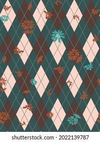 Abstract Hand Drawing Argyle Rhombus Diamond Shapes with Ditsy Flowers and Leaves Seamless Pattern Isolated Background
