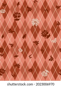 Abstract Hand Drawing Argyle Rhombus Diamond Shapes with Ditsy Flowers and Leaves Seamless Pattern Isolated Background