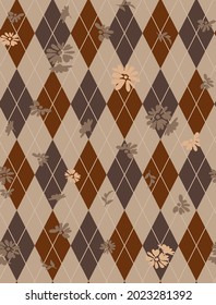 Abstract Hand Drawing Argyle Rhombus Diamond Shapes with Ditsy Flowers and Leaves Seamless Pattern Isolated Background