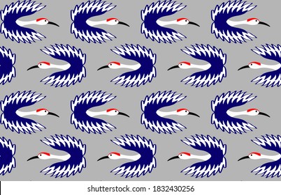 Abstract Hand Drawing Art Deco Japanese Cranes Repeating Vector Pattern Isolated Background