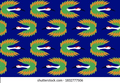 Abstract Hand Drawing Art Deco Japanese Cranes Repeating Vector Pattern Isolated Background