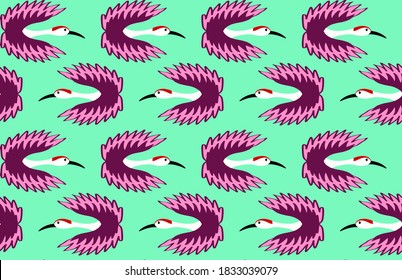 Abstract Hand Drawing Art Deco Japanese Cranes Repeating Vector Pattern Isolated Background