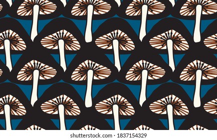 Abstract Hand Drawing Art Deco  Mushrooms Repeating Vector Pattern Isolated Background