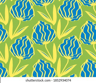 Abstract Hand Drawing Art Deco Flowers and Leaves Repeating Vector Pattern Isolated Background