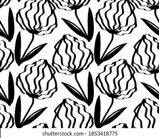 Abstract Hand Drawing Art Deco Flowers and Leaves Repeating Vector Pattern Isolated Background