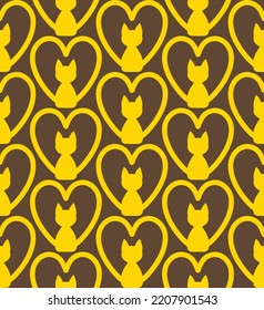 Abstract Hand Drawing Art Deco Heart Shaped Cats Seamless Vector Pattern Isolated Background