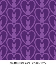 Abstract Hand Drawing Art Deco Heart Shaped Cats Seamless Vector Pattern Isolated Background