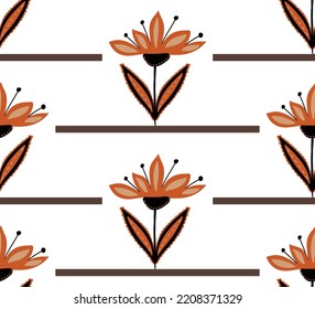 Abstract Hand Drawing Art Deco Folk Lotus Flowers Leaves and Horizontal Stripes Seamless Vector Pattern Isolated Background