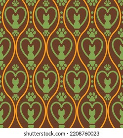 Abstract Hand Drawing Art Deco Spiral Lines and Heart Shaped Cats Seamless Vector Pattern Isolated Background