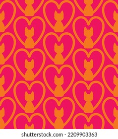 Abstract Hand Drawing Art Deco Heart Shaped Cats Seamless Vector Pattern Isolated Background