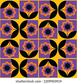 Resumen Dibujo a mano Art Deco Retro Tile Geométrico Cuadrado Daisies y deja patrón vectorial sin mar Fondo aislado