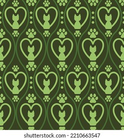 Abstract Hand Drawing Art Deco Spiral Lines and Heart Shaped Cats Seamless Vector Pattern Isolated Background