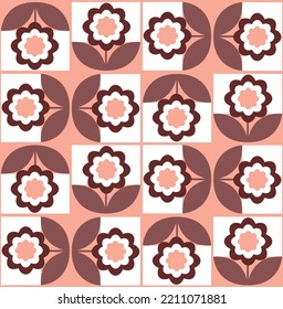Abstract Hand Drawing Art Deco Retro Tile Geometric Squared Daisies and Leaves Seamless Vector Pattern Isolated Background