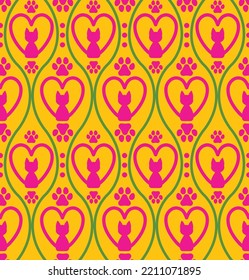 Abstract Hand Drawing Art Deco Spiral Lines and Heart Shaped Cats Seamless Vector Pattern Isolated Background