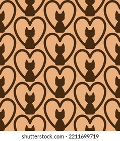 Abstract Hand Drawing Art Deco Heart Shaped Cats Seamless Vector Pattern Isolated Background