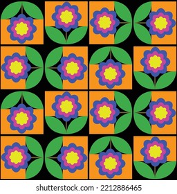 Abstract Hand Drawing Art Deco Retro Tile Geometric Squared Daisies and Leaves Seamless Vector Pattern Isolated Background